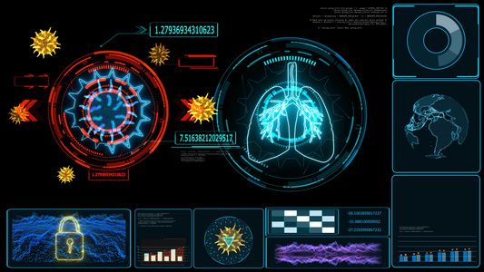 未来技术研究和数字处理数据信息图上显示共存19种病毒视频