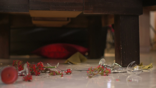 酒杯和红花倒在地上视频