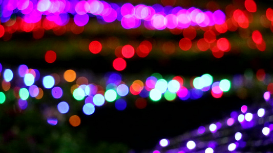 夜间花园区的多色模糊灯光装饰视频
