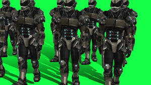 绿屏幕上行走一行的一组机器人11秒视频