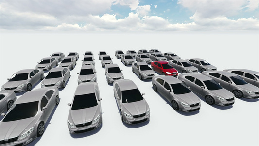 4k动画数百辆汽车一辆红色汽车展示视频