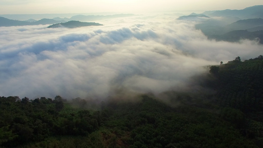 清晨日出时在自然山上移动的惊人的天性喷雾空中视图视频