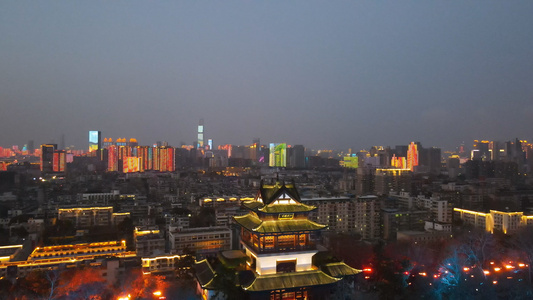 航拍城市湖北地标古城门白云阁夜景灯光景观视频