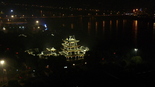 湖南长沙橘子洲江神庙夜景航拍视频