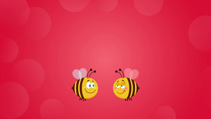 蜜蜂卡通人物在爱花心和文字的情侣中结为一对10秒视频