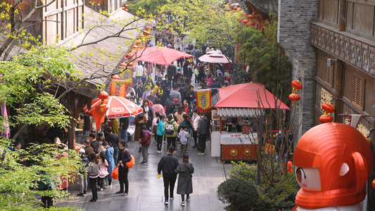 航拍城市节日赶集现场逛街休闲娱乐人群4k素材[赶年集]视频