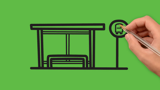 在绿色背景上绘制白色和黑色组合的公交站视频