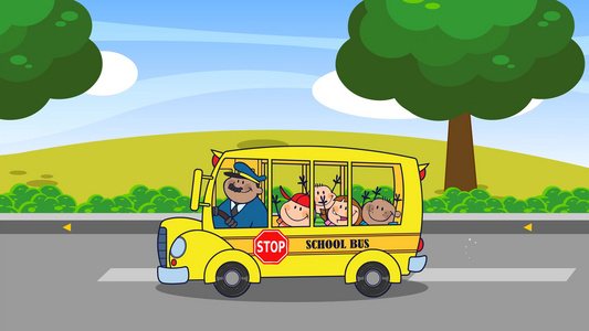 学校校车快乐儿童卡通人物去上学视频