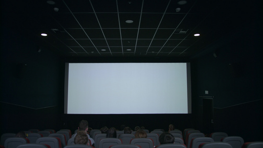 电影厅的观众在看白屏幕 期待电影放映视频
