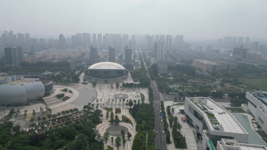 航拍山东菏泽牡丹广场菏泽大剧院 视频