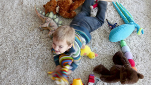 小男孩在客厅地毯上玩软玩具20秒视频