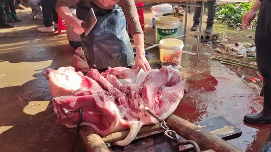 乡村喜宴杀猪砍肉4k实拍视频