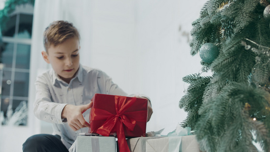 在圣诞树下装礼物的男孩视频