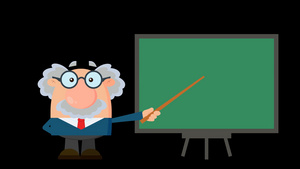 教授或科学家卡通人物带指针在董事会上展示12秒视频