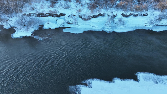 呼伦贝尔冬天湿地雪景不冻河雾气视频