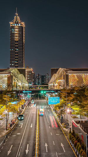 延时广东深圳市民中心图书馆音乐馆夜景深圳音乐厅14秒视频