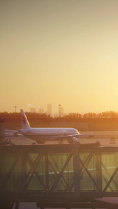 夕阳黄昏机场廊桥下飞机推着行李箱的旅客视频