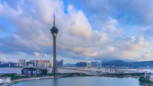 macau高塔和macau桥里程碑式的中国大陆城市风景视频