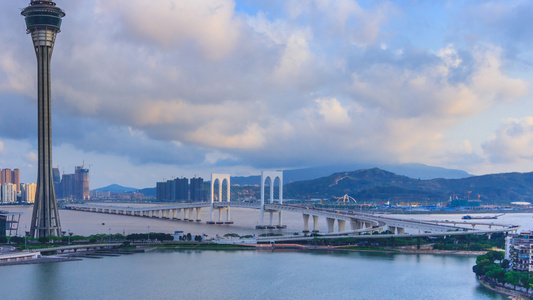 macau塔和macau桥标志性桥梁中国马高城市风景(断裂)视频