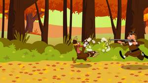追逐有森林背景和文字的火鸡卡通人物10秒视频