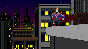 城市建筑的超级英雄卡通人物8秒视频
