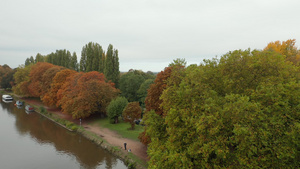 观察沿河的绿树和橙树16秒视频