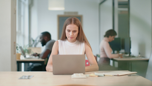 商业妇女,在同事工作时笔记本电脑上工作视频