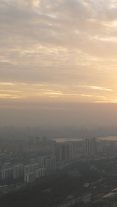 航拍城市地标江景落日晚霞天空素材城市素材视频