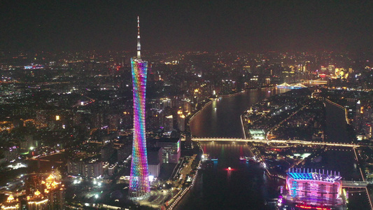 航拍中国广州塔夜景灯光秀珠江畔城市地标小蛮腰视频