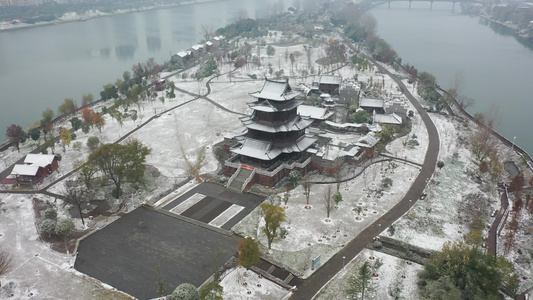 航拍衡阳东洲岛绝美雪景东洲雪景衡阳下雪了视频