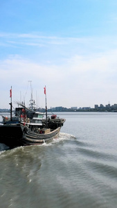 大辽河渔船航行驶河水面入海口捕捞返航满载而归视频