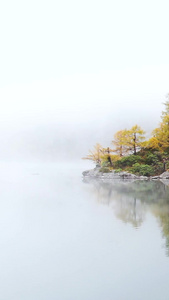 航拍高原海子湖泊云雾缭绕的秋色自然风光视频