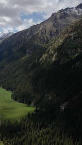 伊犁昭苏4A景区夏塔森林公园雪山下的夏塔古道航拍视频自驾旅游视频