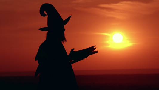 日落时带扫帚穿着斗篷的女巫捧着书视频