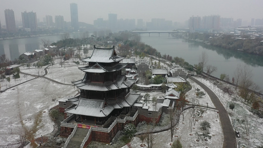 航拍衡阳东洲岛绝美雪景东洲雪景衡阳下雪了视频