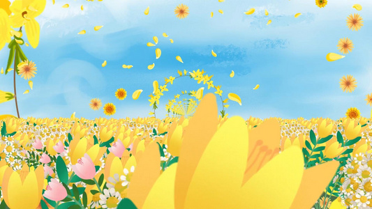 唯美温馨黄色花海动态粒子花环穿梭背景视频素材视频