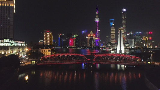 夜深时照亮的上海天际线,Lujiazui区、Huangpu河和suzhou creek.中国视频