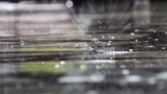 外面下着雨,雨水从水坑中流出,包括音响视频