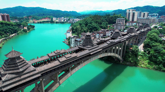 侗族山江风雨桥民族建筑风光航拍视频