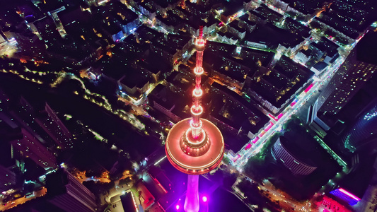 沈阳彩电塔俯拍塔顶城市夜景航拍视频