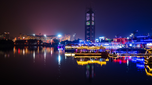 北京奥运村鸟巢远景 夜景延时视频