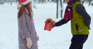 快乐的年轻夫妇在圣诞节雪地中交换礼物50秒视频