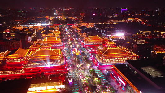 航拍陕西西安大唐不夜城夜景灯光秀 城市地标视频