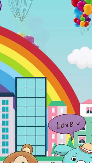 卡通城市彩虹舞台背景视频热气球30秒视频