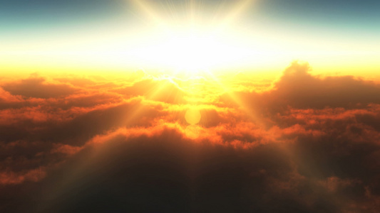 日落在太阳光照耀的云上飞翔视频