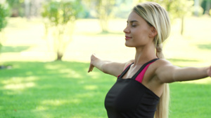 微笑的女子在夏季公园做瑜伽锻炼24秒视频