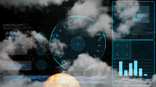 雷达调查数字技术堆积灰色和深蓝天空的白云,以探测在监测仪上的血月视频