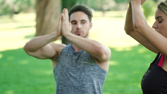 在夏季公园户外男女青年在做瑜伽视频
