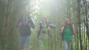 年轻游客带着背包说说笑笑走过森林18秒视频