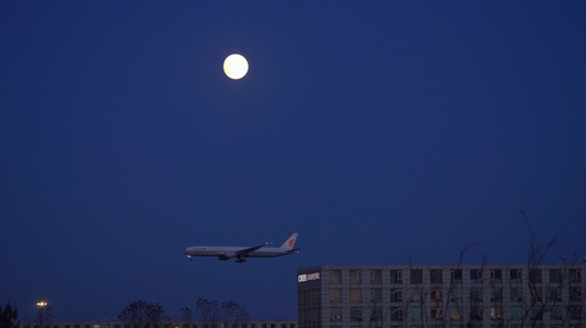4K实拍月圆下首都国际机场777大型波音落地视频